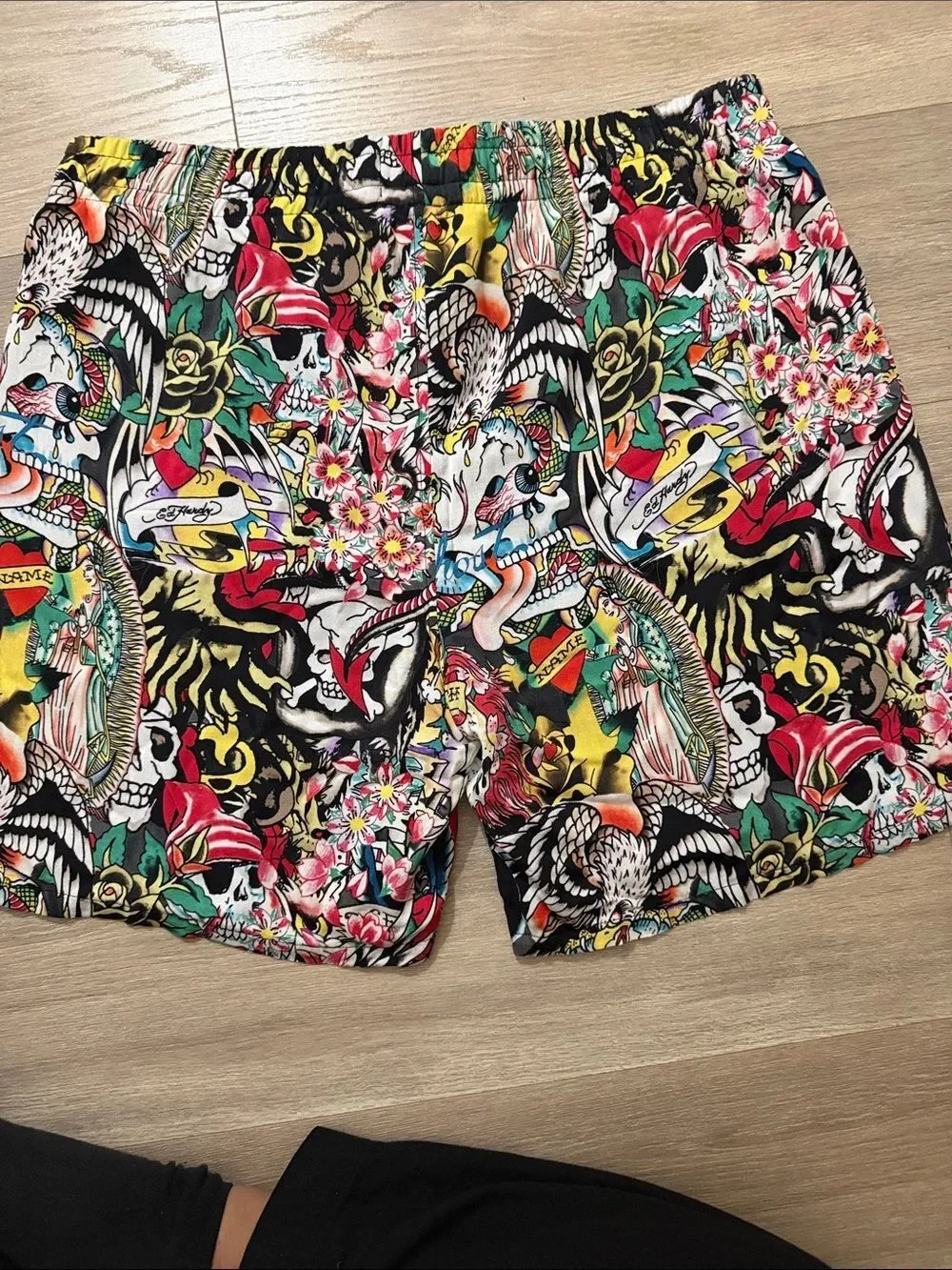Ed Hardy Black Shorts with Multicolor Tattoo Print